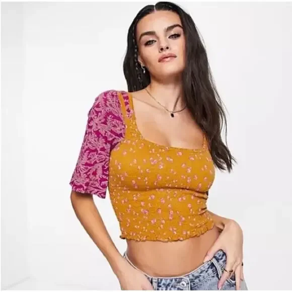 Free People Smocked Crop Top Ditsy Floral Mustard Magenta Boho Sz S - Picture 1 of 5